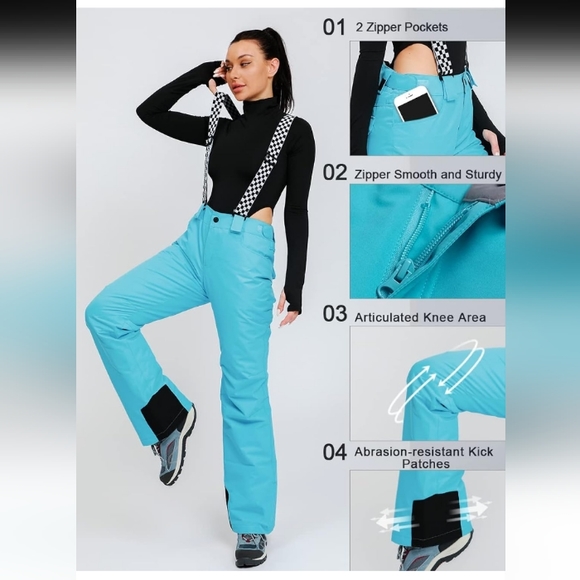 Size Medium "Ykk" Light Blue & Black Winter Pants w/ Suspenders - Picture 8 of 9